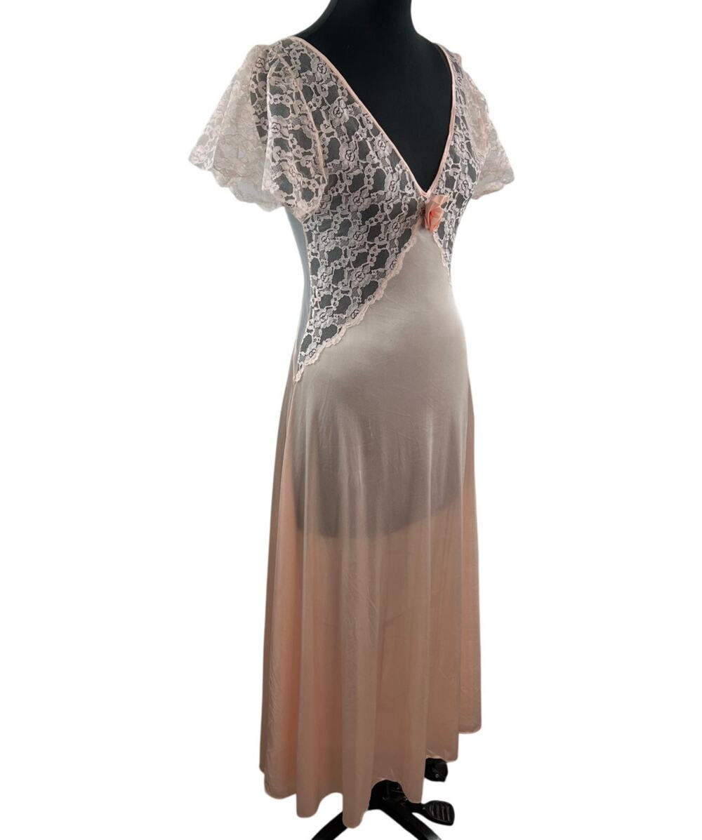 VINTAGE Val Mode Pink Sleep Dress Floral Sheer Lace Deep V-Neck Sz Small NEW